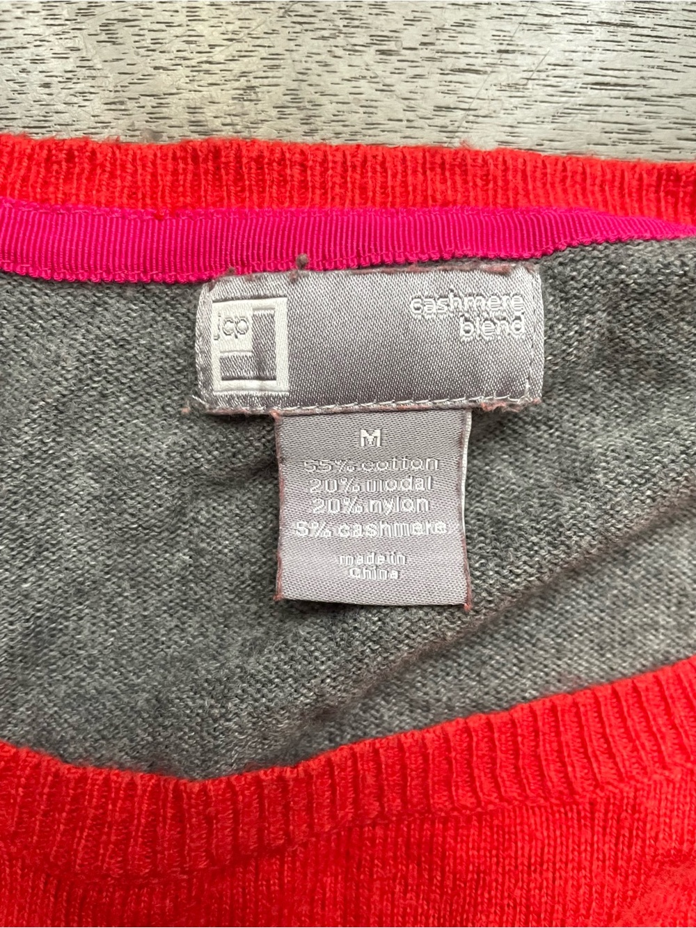 jcpenney Bright Coral Cashmere Blend Crewneck Sweater with Gray Trim Size M - Picture 5 of 6